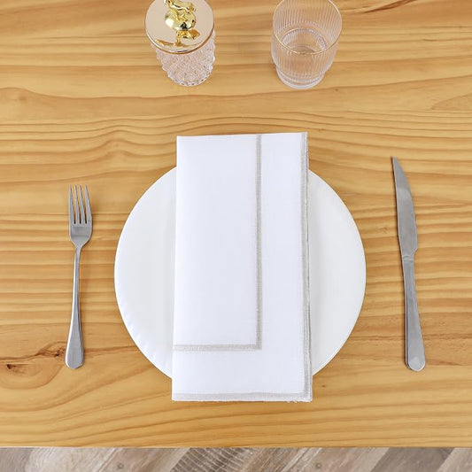 Majestic Giftware Set of 12 Polyester Napkins (NPK-GR) | White Grey Trim Design Dinner Napkins Cloth | Linen Look Washable Cloth Napkins Set for Weddings, Banquets, or Restaurants (20" x 20") by MajesticGiftware