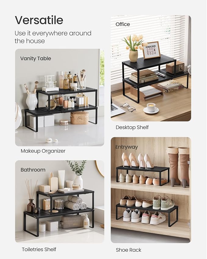 SONGMICS Spice Racks Expandable Kitchen Countertop Shelves, Metal | Set of 2 small cupboard organizers, space-saving tabletop shelves, Matte Black, UKCS402B01 - Image 5