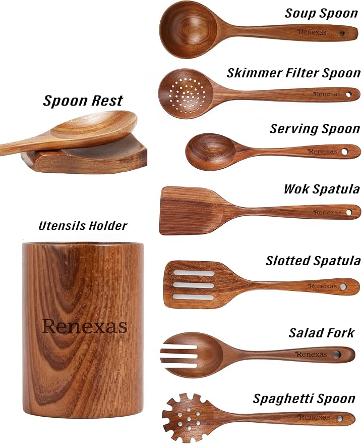 Kitchen Utensils Set, 9 Piece Teak Wooden Utensil Set for Cooking, Premium Teak Cooking Utensils, Non Toxic Wooden Spoons & Spatulas, Heat Resistant Kitchen Tools for Nonstick Cookware - Image 3