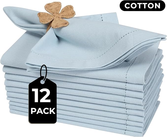 Bedding Craft Hemstitched Cotton Cloth Dinner Napkins Set of 12 – 18x18 Winter Sky Blue – Machine Washable Reusable Fabric Napkins for Weddings, Parties & Everyday Dining - Image 3