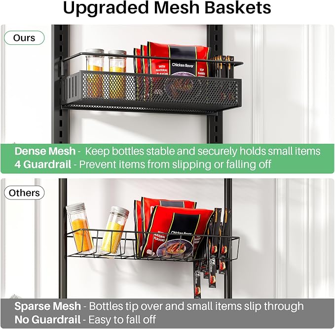 SNTD 8 Tiers Narrow Over the Door Organizer, 12.3"W x 4.7"D x 69"H, Black | Pantry Door Organizers and Storage, Height Adjustable Spice Rack, Dense Mesh Baskets, Anti-Swing, Adjustable Door Fastener - Image 9