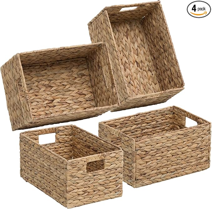 Rectangular Woven Hyacinth Wicker Pantry Storage Baskets, Set of 4 | 13.25"x9"x7", Natural, Iron Wire Frame by eHemco