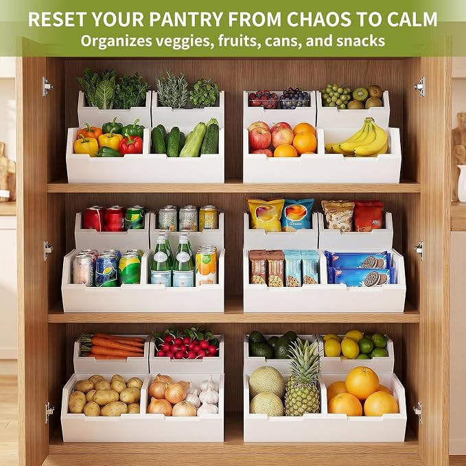 Bamboo Pantry Storage Bins Set, Potato and Onion Storage Bin for Countertop | Open Front Storage Bins, Large Capacity, Stackable Design, Cut-out Handles, FSC-certified Bamboo, No Assembly, White - Image 3