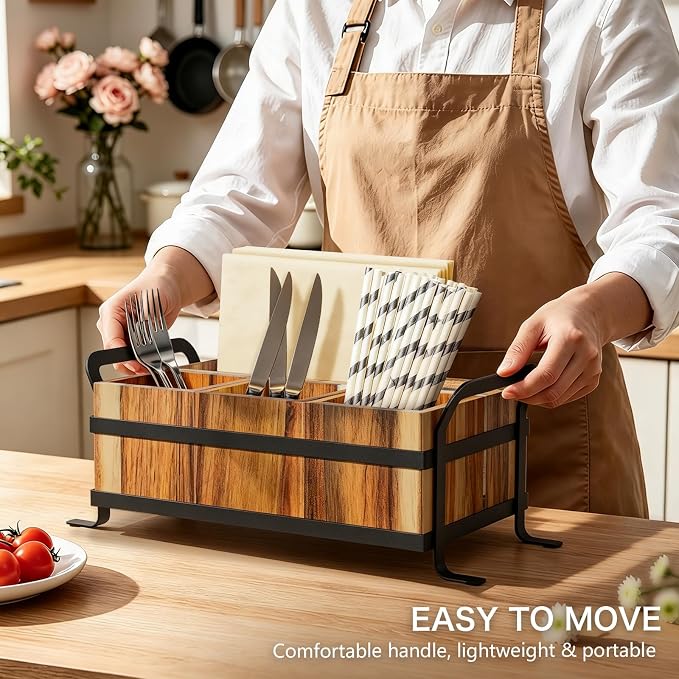 Acacia Wood Silverware Caddy for Party, 4 Compartment | Rustic Wooden Utensil Caddy with Metal Handles, Countertop Cutlery Flatware Organizer Box for Forks, Spoons, Buffet Table - Image 3