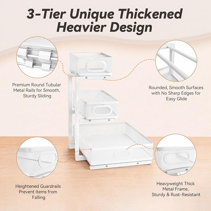 3-Tier Under Sink Organizer 2-Pack Organization for Bathroom Kitchen,White | Thickened Metal Pull Out Cabinet Shelf Height Adjustable Slide Out Drawer Storage Rack for Pantry Laundry Home Office - Image 7