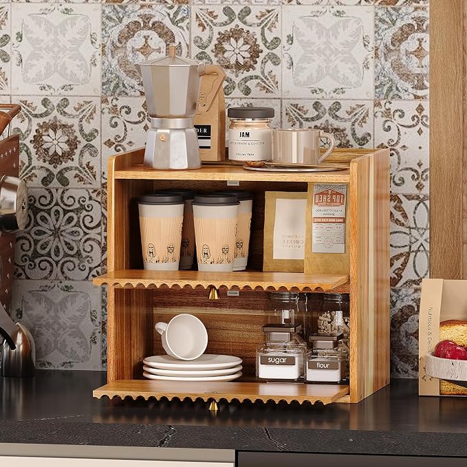 Trironsun Acacia Bread Box for Kitchen Countertop Wood Bread Storage Container Bin Double Layer BreadBox Farmhouse Large Capacity Food Organizer (Acacia Wood) - Image 6