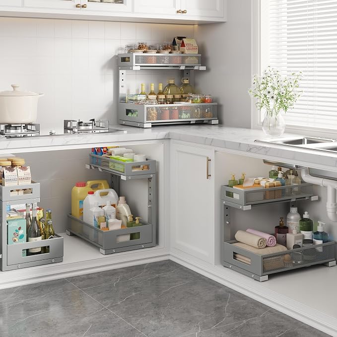 1 Pack-11.4"-16.14" H Under Sink Storage Organizer, Large 2-Tier Elegant Mesh Pull Out Shelf for Kitchen & Bathroom Cabinet Organization, L-Shaped, Adjustable Height-Gun Gray - Image 6