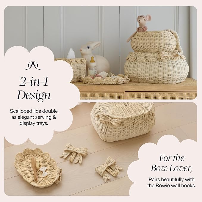 BEBE BASK Original Scalloped Bow Basket with Lid - Set of 2 (15x11x6 In) | Award Winner, Handwoven Rattan, Scalloped Wicker Basket, Woven Baskets for Storage, Nursery Storage, Scallop Basket (Bow) - Image 7