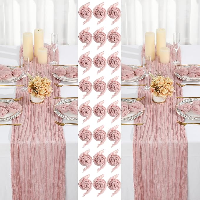 2 Cheesecloth Table Runners and 24 Napkins Set, 10Ft Boho Cheese Cloth Table Runners 20 x 20 Inch Rustic Wrinkled Gauze Napkins for Wedding Birthday Baby Shower Party Decor (Dusty Pink) by Windkream