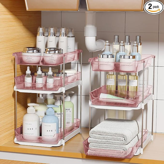 Delamu 2 Pack 3-Tier Bathroom Under Sink Organizers and Storage, Multi-Purpose Stackable Pantry Organization and Storage, Pull Out Clear Kitchen Bathroom Cabinet Organizer with Movable Dividers, Pink by DELAMU