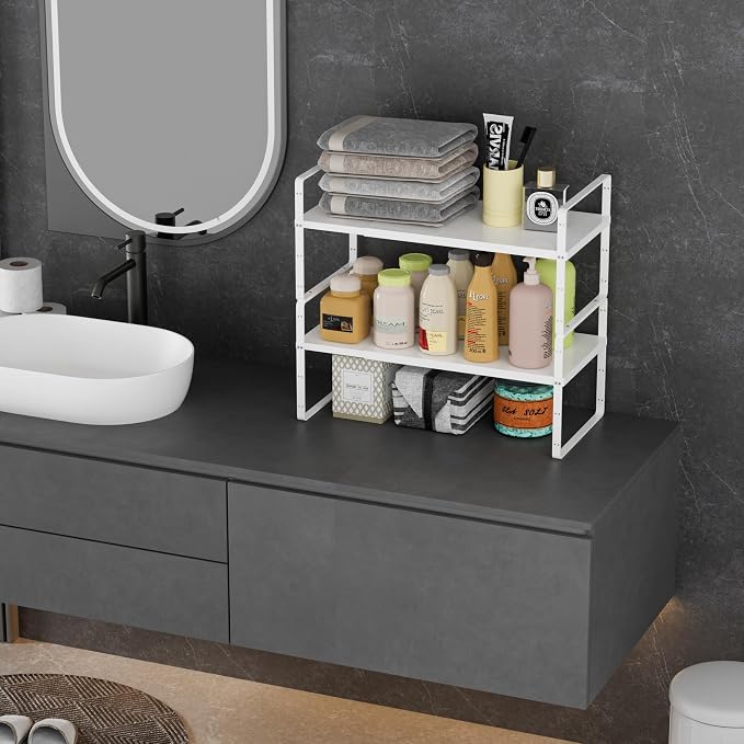 Cabinet Organizer Shelf,Expandable Cabinet Space Rack,Stackable Shelves Adjustable Storage Shelf,Riser for Kitchen Pantry Office,10.24" D,White - Image 5