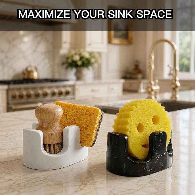 White Marble Sponge Holder for Kitchen Sink, Dual Slot Stone Caddy,Carrara White | 2-in-1 Natural Stone Sponge & Brush Holder, Raised Edge Helps Catch Water, Keeps Countertops Dry , Keeps Countertop Dry - Image 6
