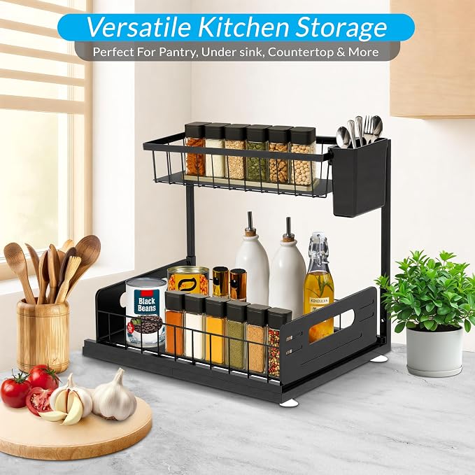 2 Pack Under Sink Organizer, Heavy Duty 2 Tier Slide-Out Storage, Space Saving Cabinet Organizer for Bathroom & Kitchen, Metal Shelf with Brush Holder, Black - Image 3