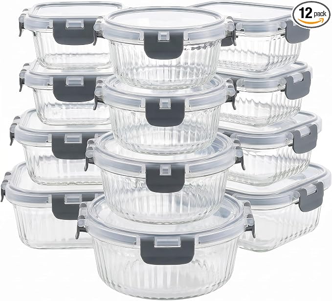 Glass Food Storage Containers with Lids, 12 Piece Glass Meal Prep Containers Set, Airtight Leakproof Snap Lock Lids, BPA-Free, Freezer Microwave Oven Dishwasher Safe, Ribbed Glass Containers by Unknown