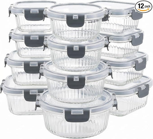 Glass Food Storage Containers with Lids, 12 Piece Glass Meal Prep Containers Set, Airtight Leakproof Snap Lock Lids, BPA-Free, Freezer Microwave Oven Dishwasher Safe, Ribbed Glass Containers by Unknown