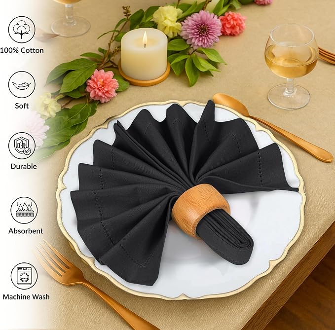 Ruvanti Cloth Napkins Set of 12, 100% Cotton High GSM 18x18 Inches, Hem Stitched Corners, Soft, Washable, Durable & Absorbent, Perfect for Parties, Christmas, Thanksgiving Dinners – Black Beauty - Image 3