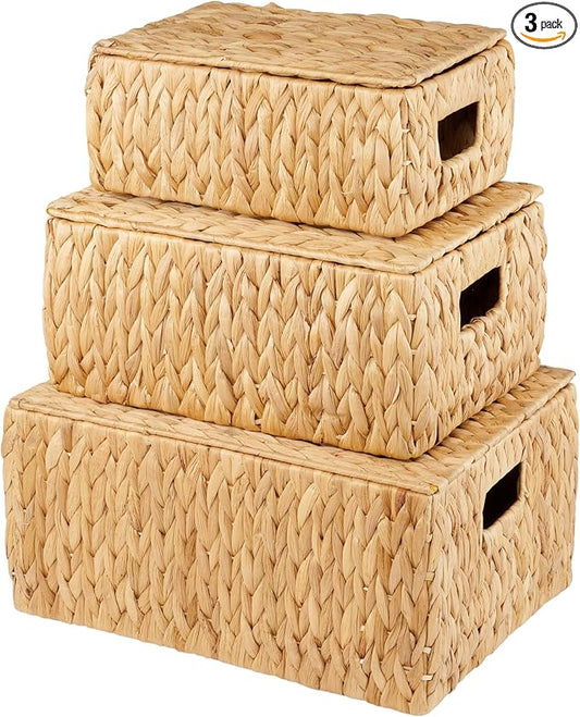 Set of 3 Wicker Baskets with Lid - Woven Storage Basket with Lid - Decorative Storage Boxes for Bathroom, Bedroom and Shelves by 84ECO