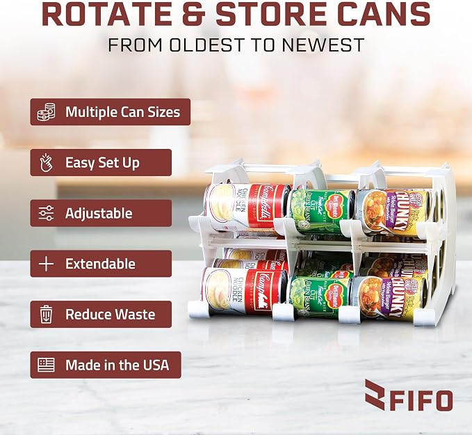 FIFO Countertop Mini Can Tracker Holds 30 Standard 10-24 Oz Can Sizes, White| Stackable & Adjustable Can Organizer for Pantry, USA Made, White - Image 2