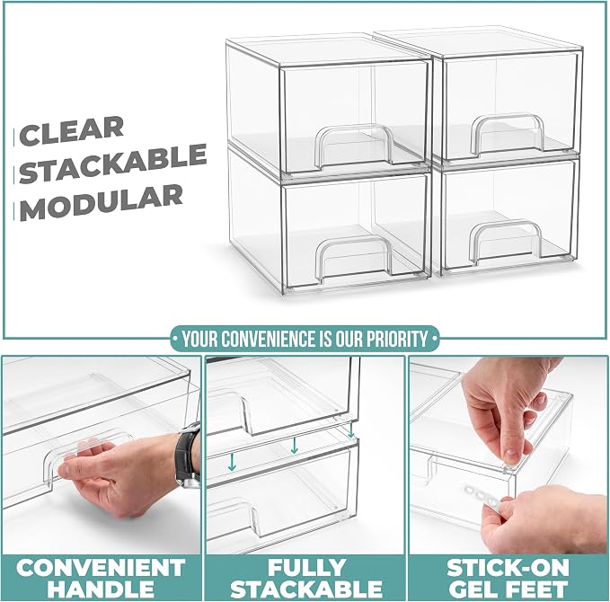 Sorbus Acrylic Storage Containers - 4 Pack, Stackable Storage Bins Set for Bathroom Organization - Clear Acrylic Drawer Organizers - Makeup Case Pull-Out Drawers (4.4’’ Tall) - Image 5
