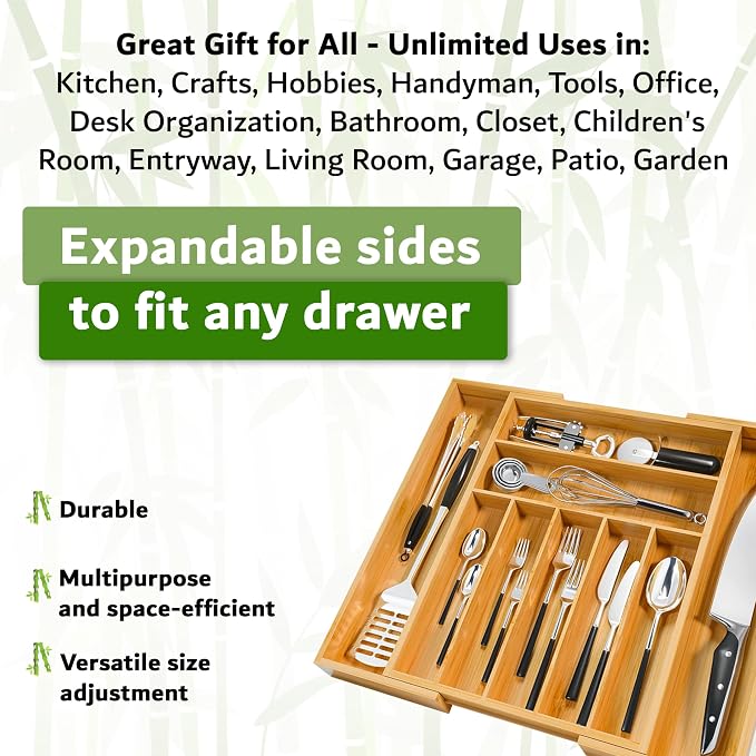 Bamboo Kitchen Drawer Organizer, Expandable Wood Utensil Tray, Adjustable Silverware Organizer with 9 Compartments for Fork, Spoon & Knife Utensils - Image 2