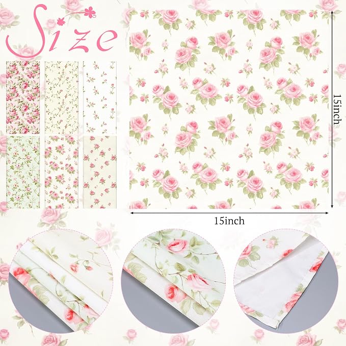 24 Pcs Floral Cloth Napkins 6 Patterns Washable Dinner Tea Party Napkins Reusable Plant Flowers Square Napkin Cotton Towel Decorative for Summer Wildflower Party(Pink Rose) - Image 2