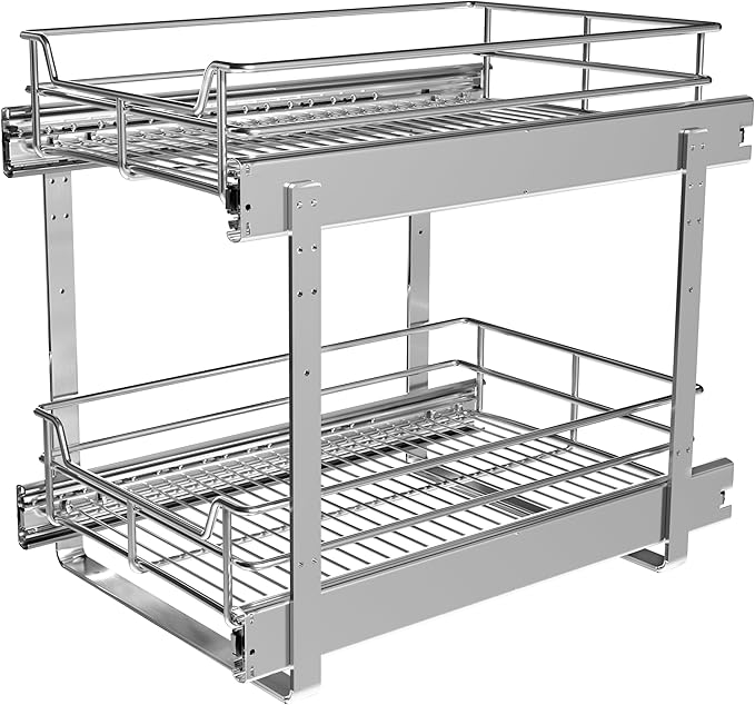 2-Tier Cabinet Pull Out Shelves, 14" W x 22" D, Chrome | Heavy-Gauge Wire Kitchen Cabinet Organizer, 100 lbs Capacity, Ball-Bearing Glides, Min 15" Opening, For Tupperware & Bowls by JOWBOOW