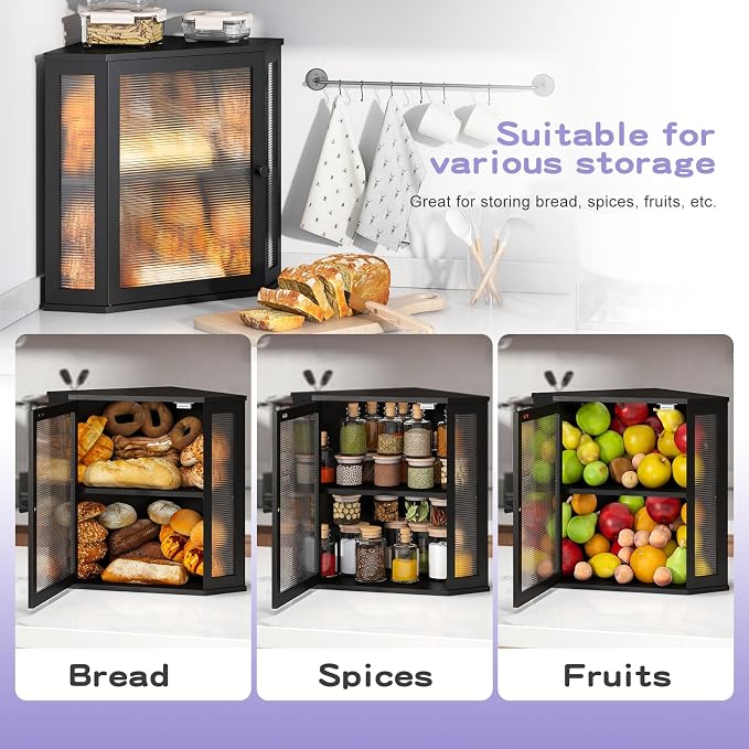 Corner Bread box for Kitchen Countertop,Farmhouse Bread Box with Acrylic Wavy Door Panel,Large Bread box for kitchen countertop, Food Storage Container (Black, Extra Large) - Image 7