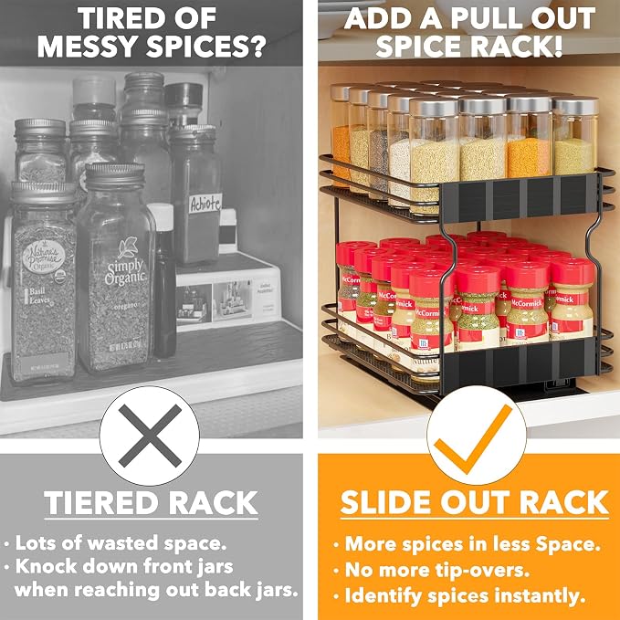 SpaceAid Pull Out Spice Rack Organizer for Cabinet, Heavy Duty Slide Out Seasoning Kitchen Organizer, Cabinet Organizer, with Labels, 8.5" W x10.75 D x8.5 H, 1 Drawer 2-Tier - Image 4