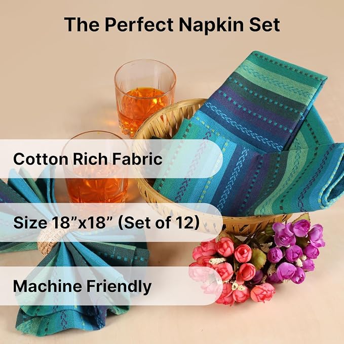 LFH Home Cotton Rich Cloth Salsa Napkin Set of 12 Washable Soft Durable Striped Table Napkins for Dining Wedding, Daily Use Reusable Eco-Friendly Fabric Napkins (18x18)-Teal Thanks Giving - Image 2