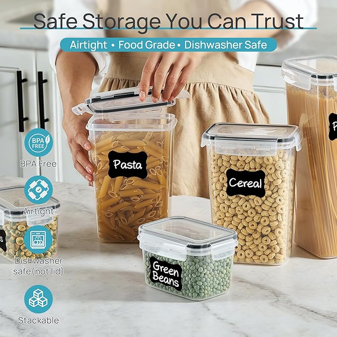 Airtight Food Storage Containers with Lids, Vtopmart 24 pcs Plastic Kitchen and Pantry Organization Canisters for Cereal, Dry Food, Flour and Sugar, BPA Free, Includes 24 Labels，Black | For Cereal Pasta Snack Flour Sugar, BPA Free, Airtight Seal, Multi... - Image 4