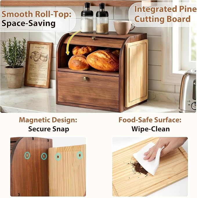 Sunhoo Wooden Bread Box for Kitchen Countertop, Roll Top Breadbox, Brown | Large Double Layer Pantry Container, Solid Wood with Cutting Board, Fresh Homemade Sourdough Bin Cabinet, Vintage Farmhouse - Image 3