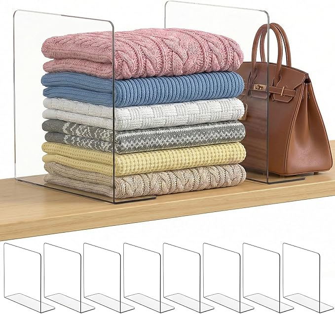 SortNStore Shelf Dividers Closet Organization: 12" Tall x 12" Deep (Taller) | Adhesive Separators Features Acrylic Material and LargeHandbags, Totes, Clothes, Towels in Bedroom Cabinets 8-Pack by SortNStore