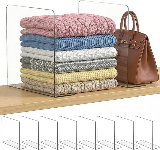 SortNStore Shelf Dividers Closet Organization: 12" Tall x 12" Deep (Taller) | Adhesive Separators Features Acrylic Material and LargeHandbags, Totes, Clothes, Towels in Bedroom Cabinets 8-Pack by SortNStore