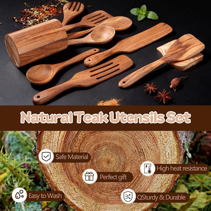 MYRAINBOW Wooden Spoons for Cooking, 10-Piece Teak Wooden Cooking Utensil Set with Holder, Nonstick, Heat Resistant Kitchen Utensils, Durable Wooden Cooking Spoons, Kitchen Cooking Gifts for Women Men - Image 2