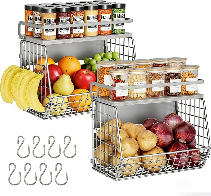Fruit Basket 2 IN 1 Magnetic & Hanging Wall Produce Basket for Potato Onion Fruit and Vegetable Storage,Magnetic Spice Rack for Refrigerator Kitchen Counter Cabinet Pantry by Clothink