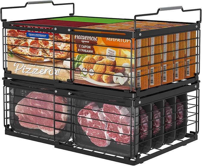 ADRIMER Freezer Organizer Bins, 2 Packs Foldable & Stackable Chest Freezer Organizer Bins with Adjustable Length 11-17.3", Metal Wire Storage Baskets for Upright Freezer, Deep Freezer, Pantry, Black by Adrimersdreamistobeanindispensablecompanioninyourlife