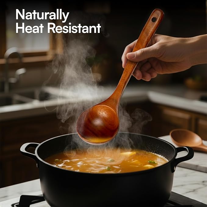 Premium Teak Wooden Utensil Set, 7-Piece Handcrafted Cooking Spoons & Spatulas – Nonstick Safe, Durable, Heat-Resistant Wooden Utensils for Everyday Cooking - Image 5