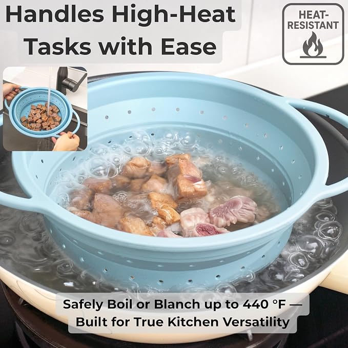 SelectShen™ Collapsible Silicone Colander Set, Stainless Steel Rim (3 Pk) | Heat-resistant, dishwasher-safe platinum silicone strainers. Sturdy stainless steel rim. BPA-free, space-saving, set of 3 - Image 3