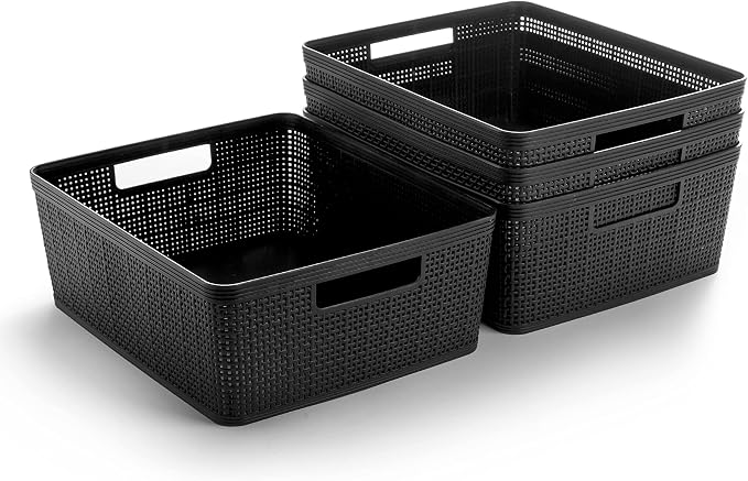 BINO | Woven Plastic Basket | Medium (Black), 4-Pack | THE JUTE COLLECTION | Home Organization, Space - Saving Storage, Stylish Design | Jute Basket | Plastic Storage Basket by BINO