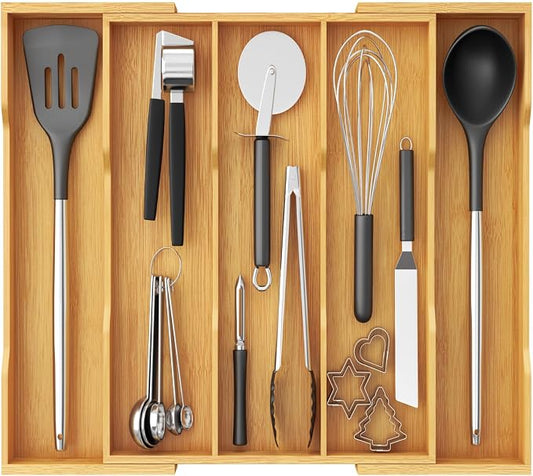 Lifewit Utensil Organizer for Kitchen Drawer, Expandable Cooking Utensil Tray, Cutlery Silverware Flatware Holder, Wood Adjustable Spatula Tools Storage Divider, 12.6-22.8x14/ 32-58x35.6cm, Natural by Lifewit