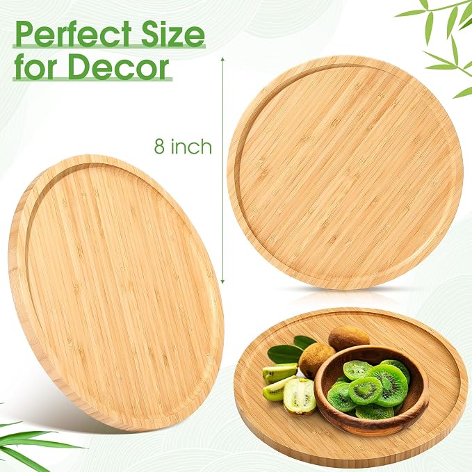 Bamboo Tray - 5 Pcs Wood Plates, Round Charcuterie Board & Serving Platter with Rim for Kitchen, Fruit, Bread, Salad, Coffee Table, Home, Hotel, Restaurant (8 Inch) - Image 3