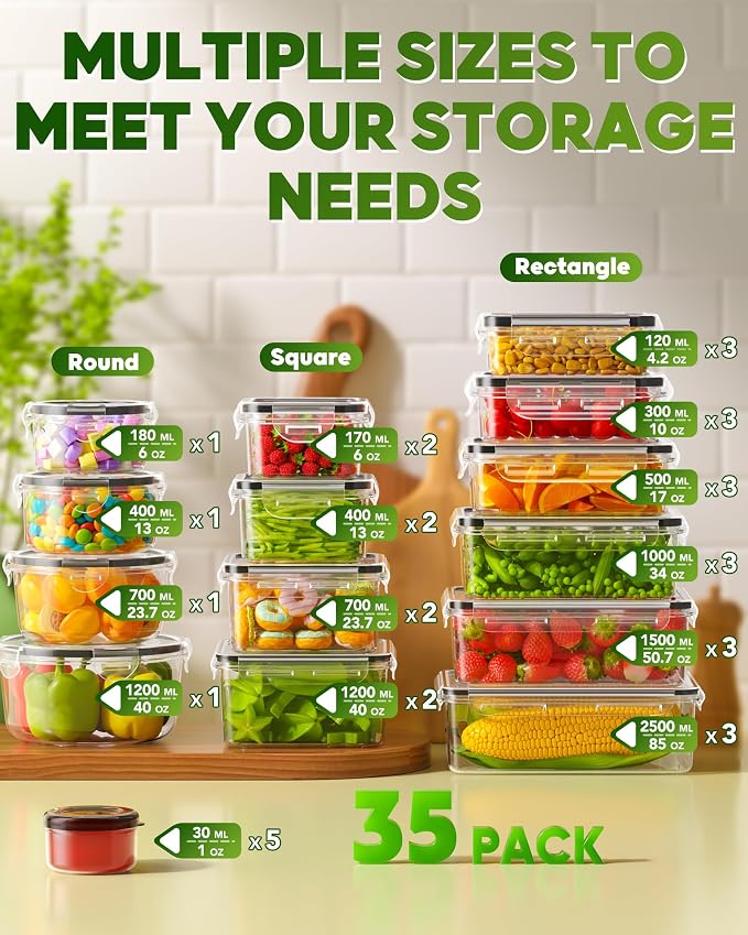 KEMETHY 70 PCS Food Storage Containers with Lids(35 Containers & 35 Lids), BPA-Free Plastic Food Containers for Kitchen Storage, Leak Proof, Reusable Meal Prep Containers with Labels & Pen - Image 2