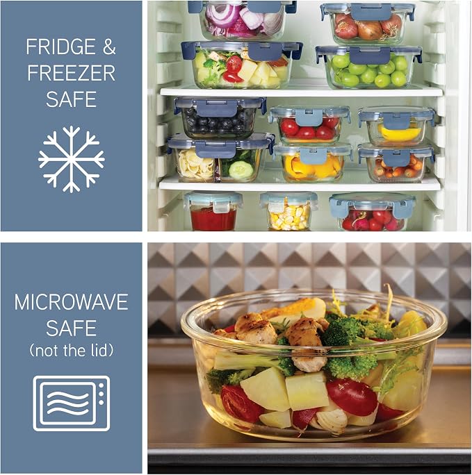 COOK WITH COLOR Premium 32-Pc. Borosilicate Glass Food Container Set with Dividers - 4 Rectangles, 8 Rounds, 4 Squares - Leakproof Lids - Meal Prep, Storage, Ombre Blue - Image 4