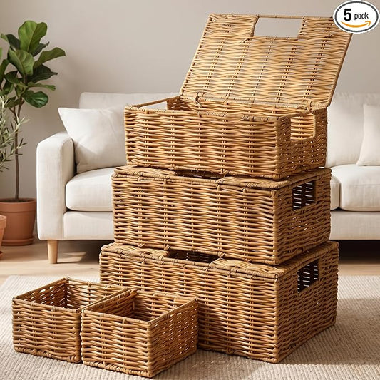 Yookeer 5 Pcs Woven Plastic Rattan Storage Baskets with Lid and Handles, Natural Color Large Storage Organizer with Labels, Stackable Rectangular Boho Decorative Baskets for Toys Shelves Bedroom by Yookeer