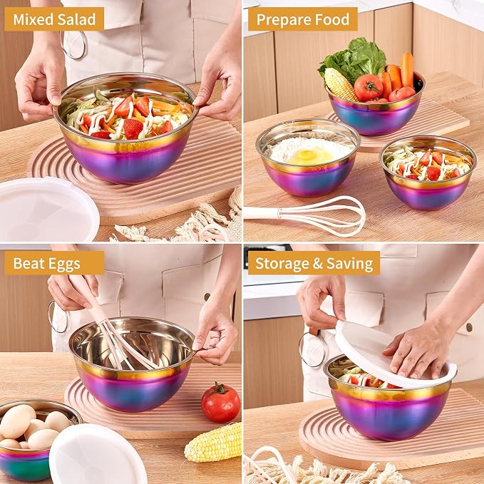 Rainbow Mixing Bowls With Airtight Lids,Stainless Steel Bowl,Salad Bowls 7 Piece Colorful Nesting Bowl Rainbow Kitchen Accessories,Size 7,3.6,2.7,2.1,1.5,1.1,0.8QT Stackable Design - Image 5