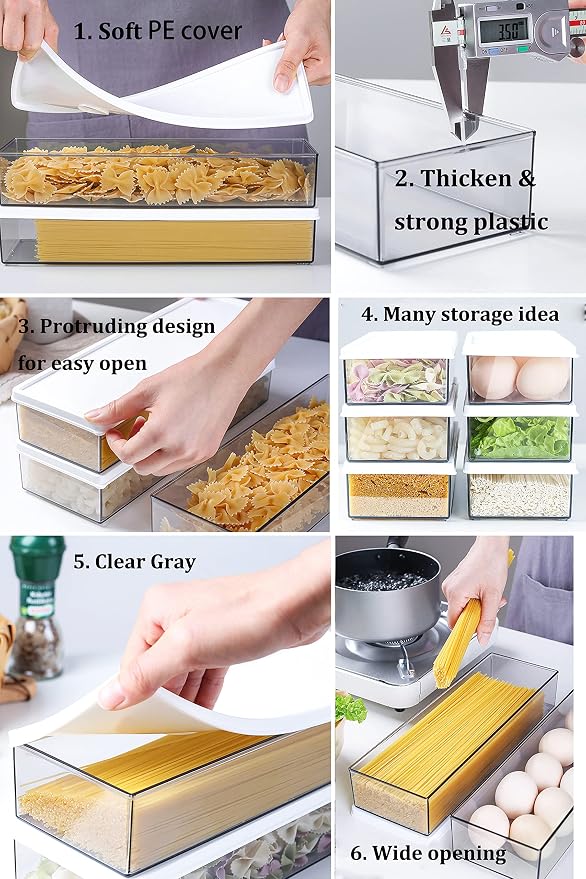 Hanobe Large Airtight Pasta Storage Containers, BPA-Free, 2.4L, 3-Pack | Stackable rectangular design, fits spaghetti, lasagna, noodles, clear grey plastic, for kitchen pantry and fridge - Image 4