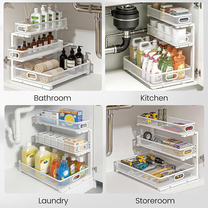 Under Sink Organizer, 3-Tier Pull Out Cabinet Organizer with Drawer Stops, Height Adjustable Slide Out Storage Rack for Kitchen Bathroom Pantry Laundry Room Organization, 2 Pack - Image 7