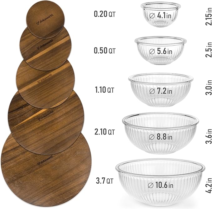 Stackable Space-Saving Set of 5 Nesting Glass Bowls with Acacia Lids for Foodprep, Storage, Mixing & Cooking - Microwave & Oven-ready BPA Free Durable Heat Resistant Inert Borosilicate Glass - Image 2