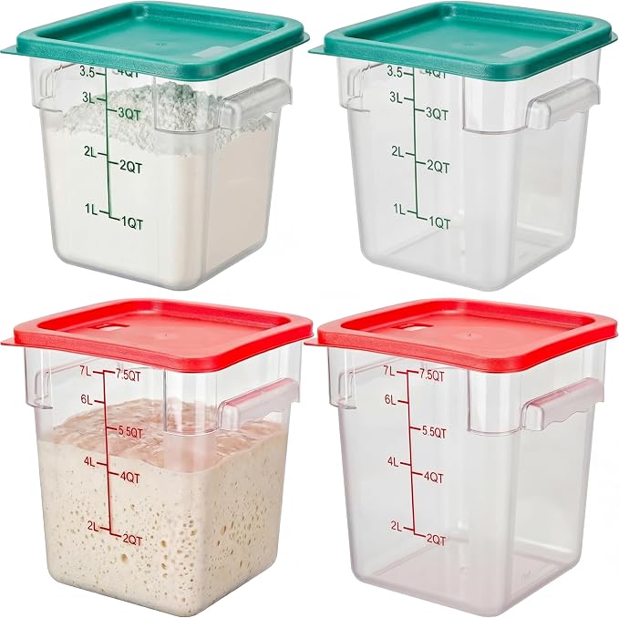 Lallisa 4 Pcs 8qt & 4qt Clear Food Storage Containers with Lids Handles and Scales, Stackable Plastic Square Food Storage Containers for Dough Proofing Baking Kitchen Restaurant(Red, Green) by Lallisa