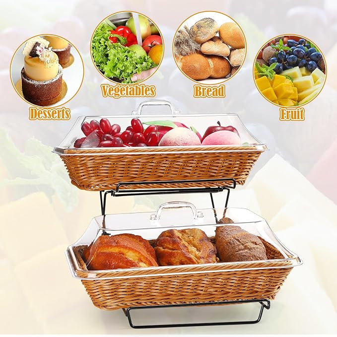 2 Pack Wicker Bread Basket for Serving, Imitation Rattan Bread Basket with Acrylic Lid and Metal Display Stand Rectangle Woven Fruit Basket with Cover for Food Display Tabletop 13.78 x 9.84'' - Image 3